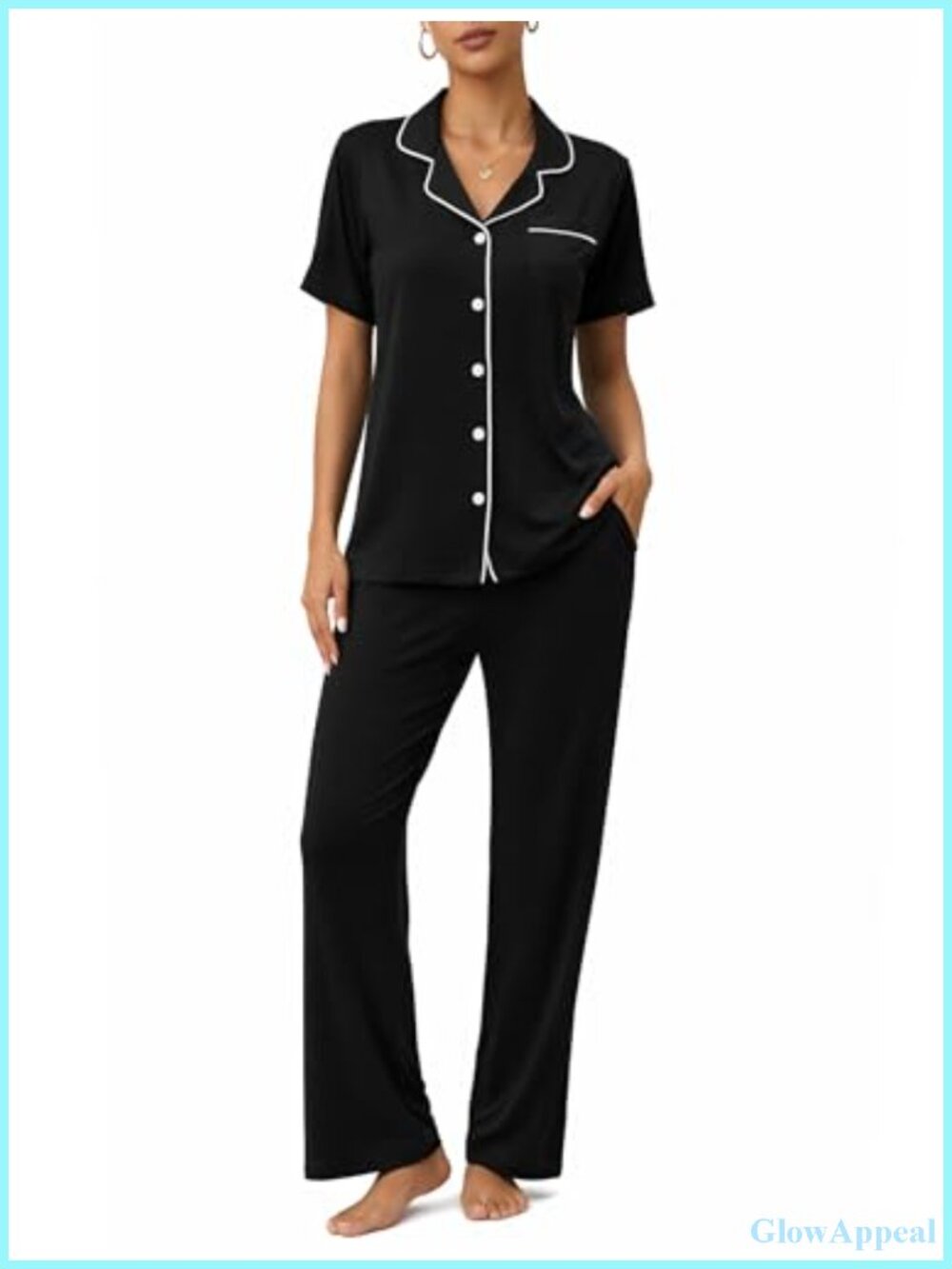 Women's 2-Piece Button Up Pajama Set Short Sleeve Long Pants Sleepwear
